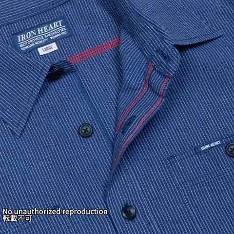 インディゴオックスフォードセルビッチ半袖シャツ／ピンストライプ