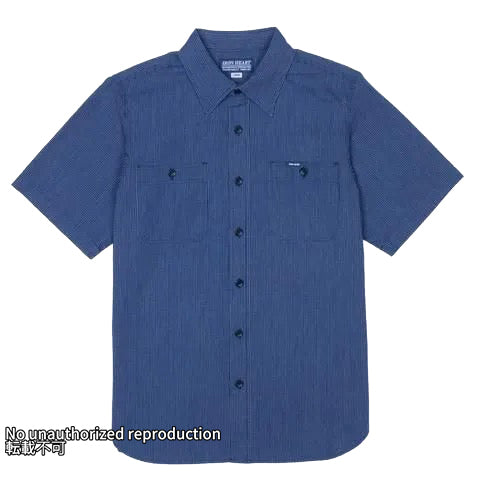 インディゴオックスフォードセルビッチ半袖シャツ／ピンストライプ