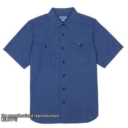 インディゴオックスフォードセルビッチ半袖シャツ／ピンストライプ