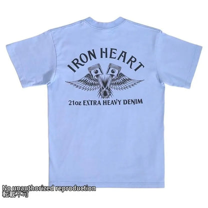 7.5ozヘビーボディプリントTシャツ(ピストンウィング柄)／サックス