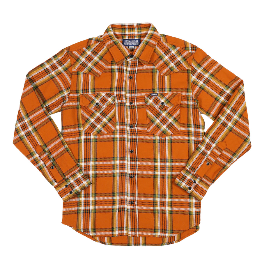 Iron Heart IHSH-440 orange spring flannel western shirt front view