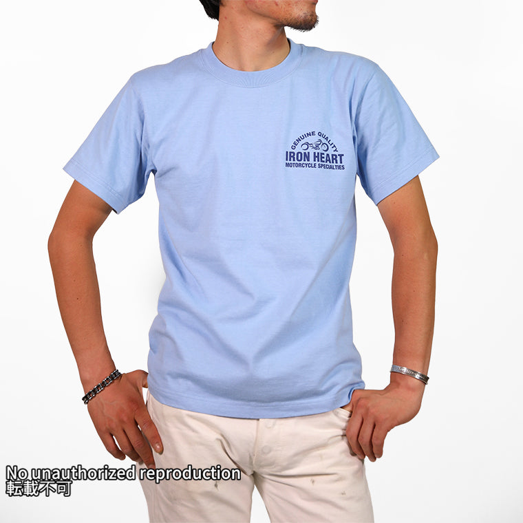 7.5ozヘビーボディプリントTシャツ(バイクロゴ柄)／サックス