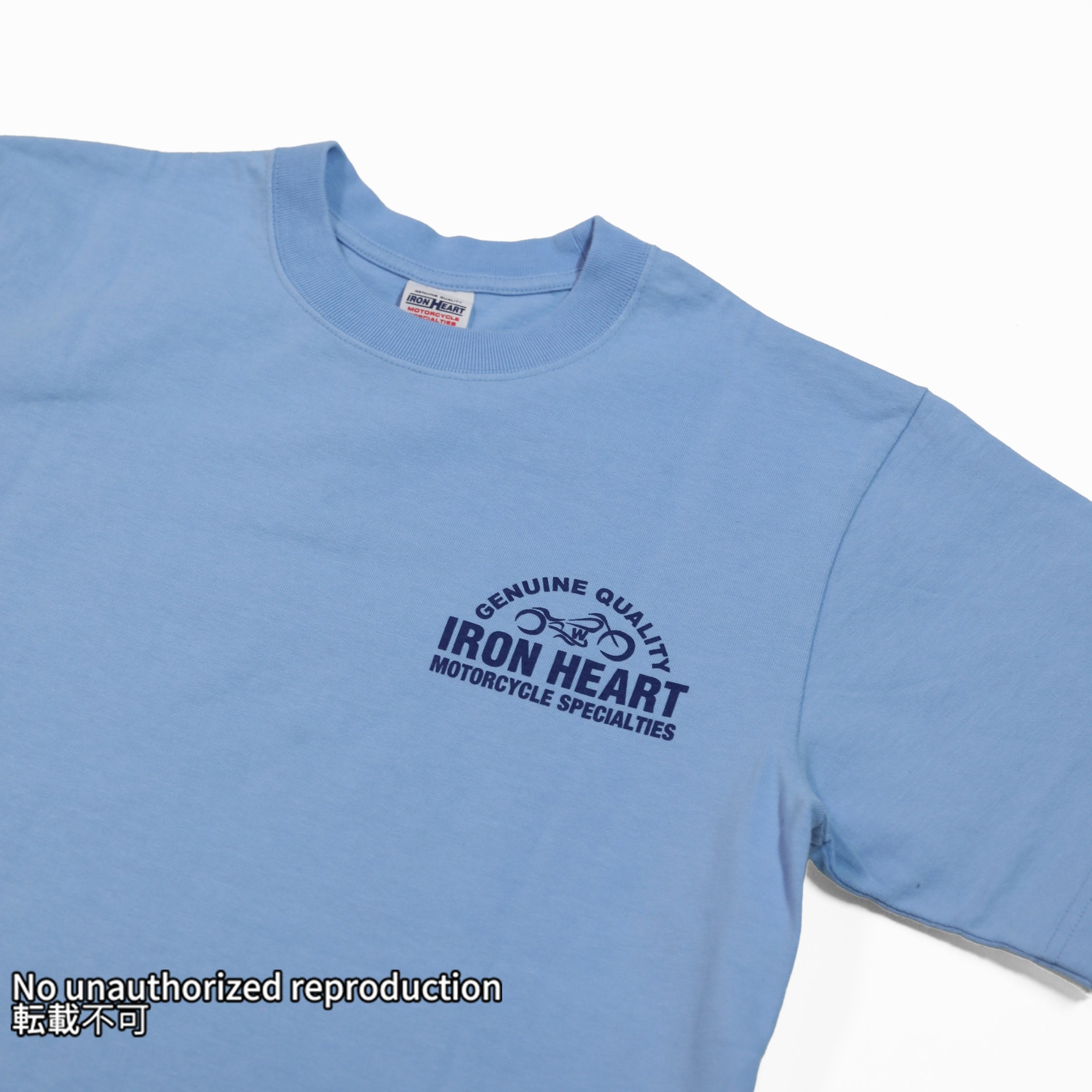 7.5ozヘビーボディプリントTシャツ(バイクロゴ柄)／サックス