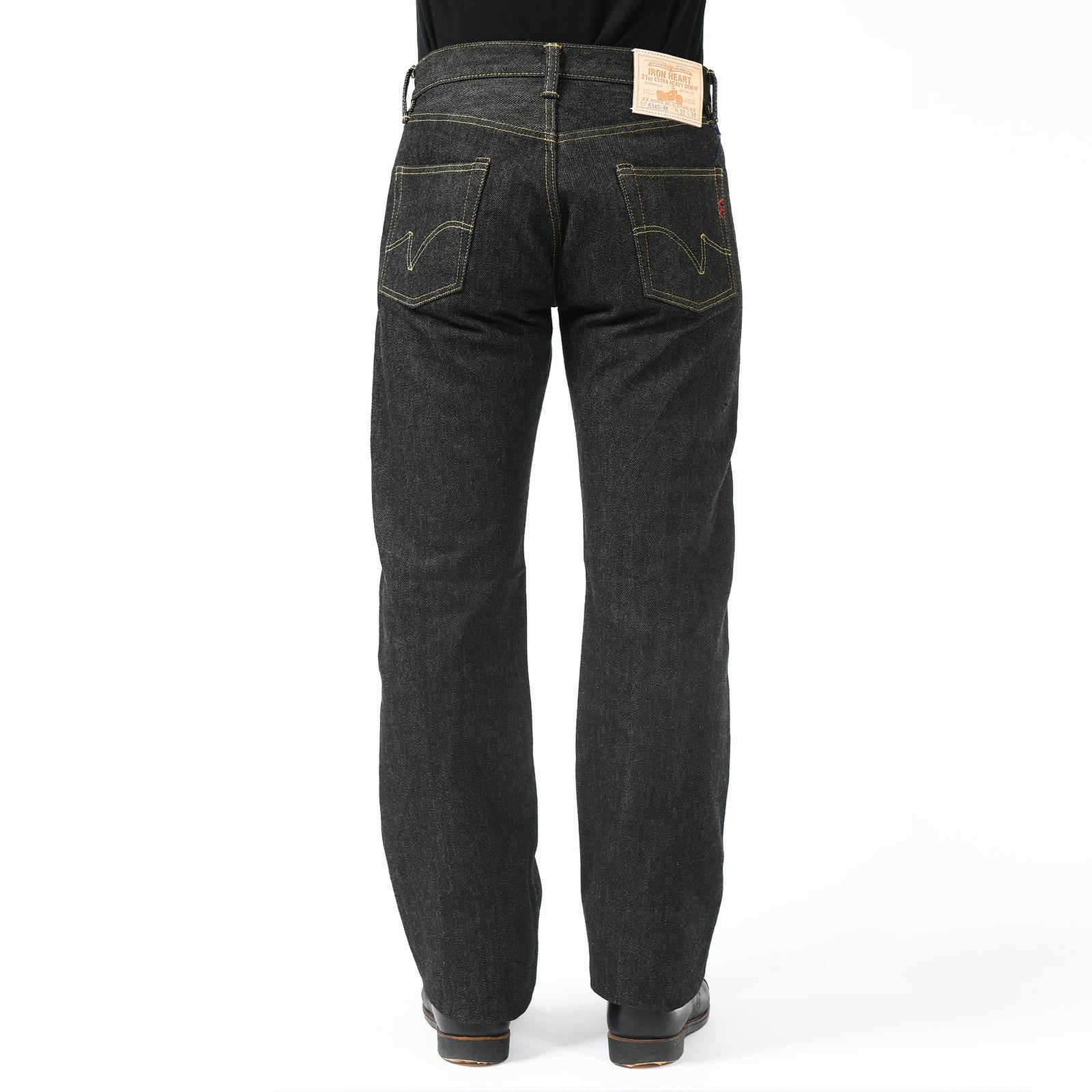 IRON HEART 634S-BK 21oz black selvedge straight jeans back view