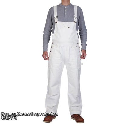 10.5ozホワイトヘリンボン ダブルニーオーバーオール／ホワイト